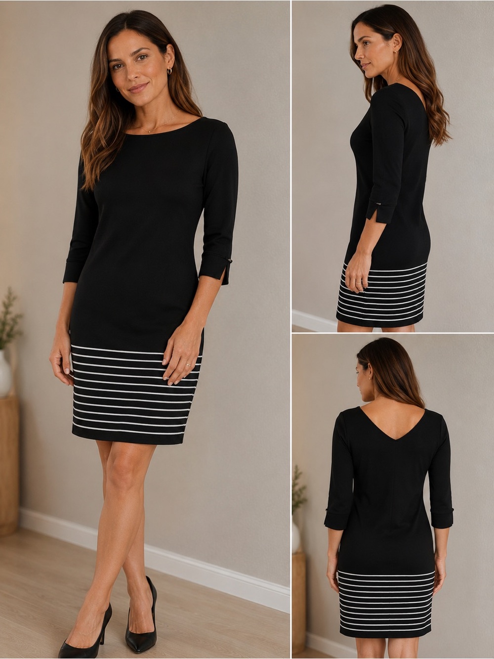 White House Black Market Black Midi Sheath Dress with White Striped Hem